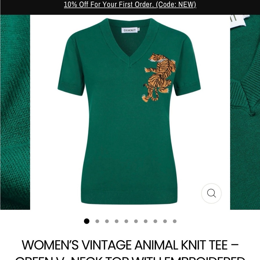 OXKNIT Green V-Neck Sweater with Tiger Embroidery